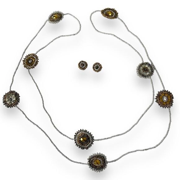 Beaded Necklace & Earrings Set Silver Bronze Chain Long Layered Jewelry - Picture 1 of 6